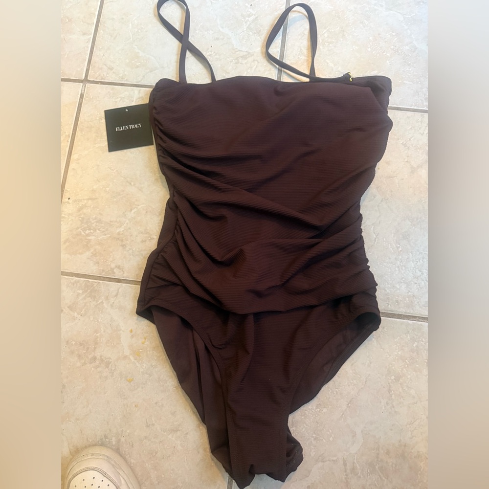 Ellen Tracy Brown Ruched One-Piece Swimsuit